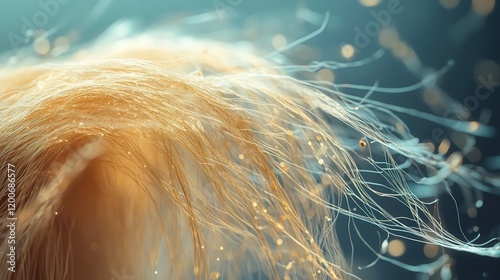 artistic rendering of a single strand of human hair under a microscope, showing its structure and imperfections photo