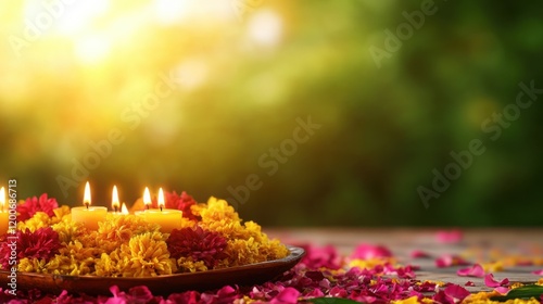 Colorful Decorative Candles and Blooms Adorning a Table for Festive Display photo