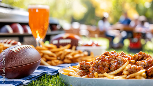 Delicious food and drinks at tailgate picnic with family and friends, featuring football, fries, and refreshing beverage in sunny outdoor setting