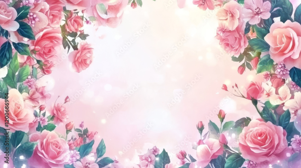 Obraz premium Dreamy floral frame with pink roses and delicate blossoms, creating soft and romantic atmosphere. Perfect for invitations or decorative backgrounds
