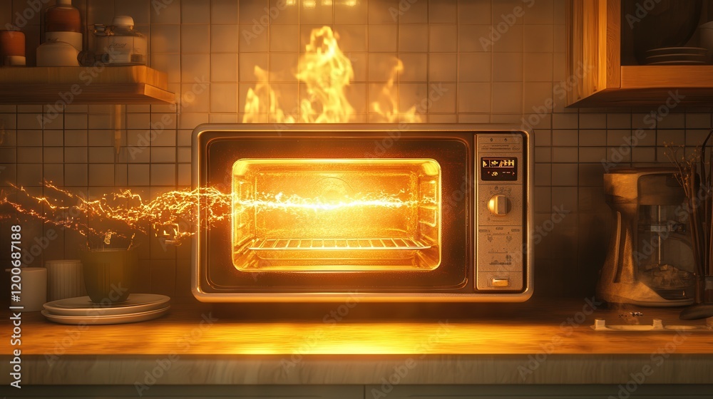 artistic visualization of the invention of the microwave oven, highlighting its principles of operation artistic visualization of the invention of the microwave oven, highlighting its principles of operation