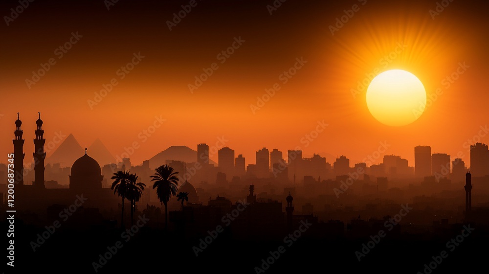 Naklejka premium Sunset silhouette of Cairo cityscape with pyramids and mosques.