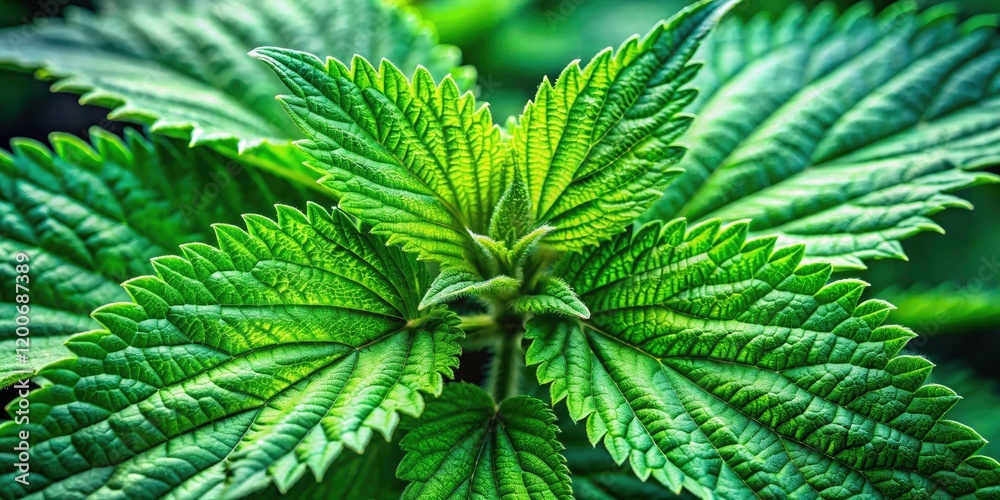 Captivating Portrait of a Branch of Green Nettle with Lush Leaves, Textured Surface, and Natural Lighting, Showcasing the Beauty of Nature and Herbal Plants in Detail Captivating Portrait of a Branch of Green Nettle with Lush Leaves, Textured Surface, and Natural Lighting, Showcasing the Beauty of Nature and Herbal Plants in Detail