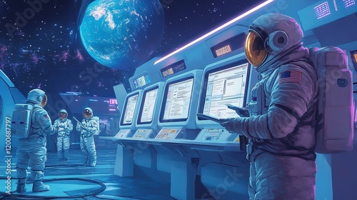 A futuristic space-themed voting station, with astronauts casting ballots in zero gravity photo