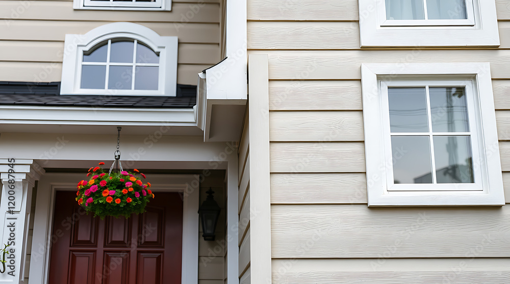 Fototapeta premium Charming Home Exterior with Hanging Flowers and White Windows. Beautiful House Design and Architecture. Real Estate Photography
