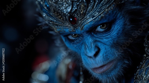 Blue Monkey King Close Up Intense Gaze Crown Jewel photo