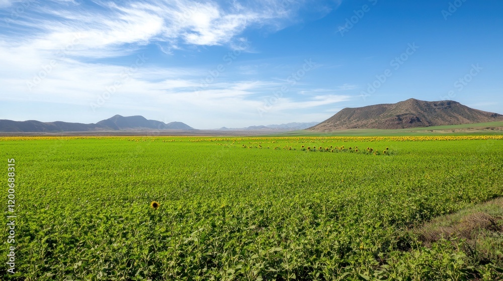 Lush green landscape with mountains and blue sky. Lush green landscape with mountains and blue sky.