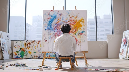 Emerging Talent, A young artist proudly reveals their latest creation, surrounded by vibrant colors and an eager audience, capturing the moment of inspiration.