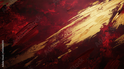 A textured abstract artwork featuring bold red and gold brush strokes.