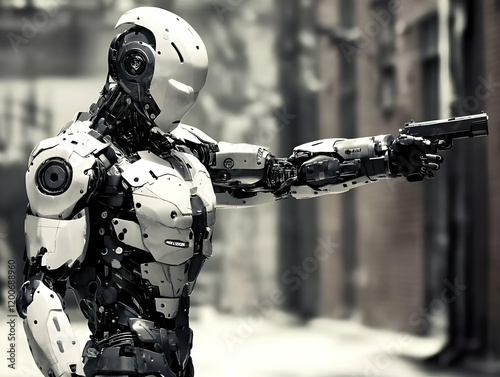 Futuristic Robot Aims a Gun...