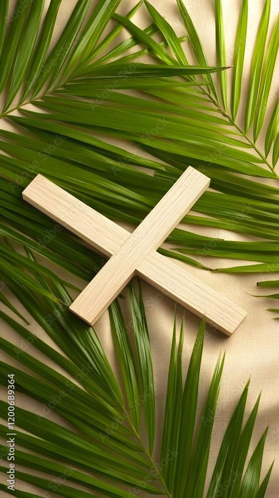 custom made wallpaper toronto digitalWooden Cross Lies on Palm Leaves: A Symbol of Faith and Hope Beautifully Arranged
