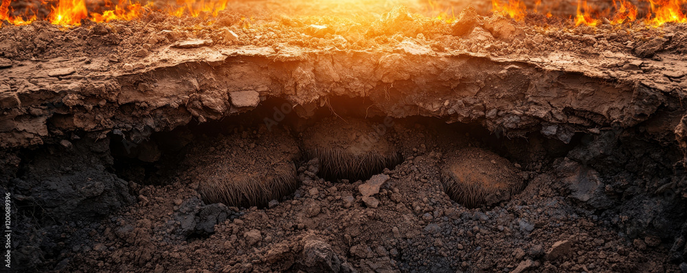 Fototapeta premium Underground layers of earth with roots and flames above, showcasing nature intensity