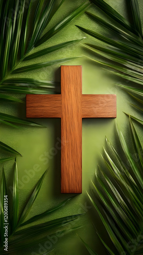 Wooden Cross Lies on Green ...
