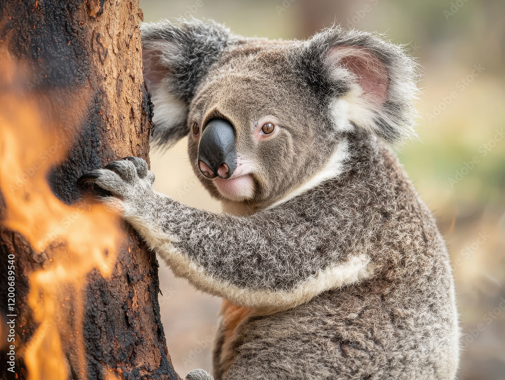 Obraz premium Koala clinging to burning eucalyptus tree, showcasing resilience in nature