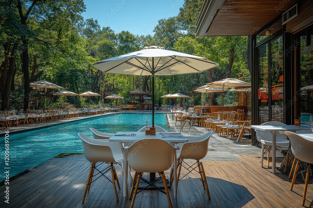 Obraz premium White plastic table and chairs with umbrella by the pool, surrounded by green trees on a sunny summer day, with a wooden floor and resort-style hotel swimming pool in the background.