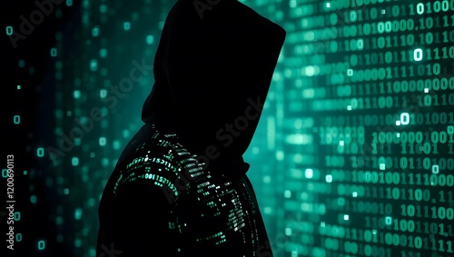 Hacker figure with glowing circuit patterns among binary code