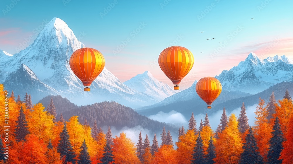 Fototapeta premium Three orange hot air balloons soar over a majestic autumnal mountain range