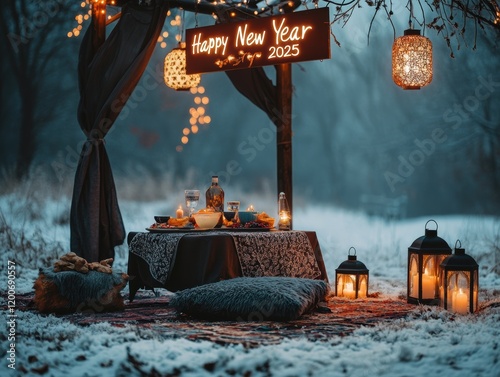 Romantic Winter New Year s Eve Picnic Outdoors photo