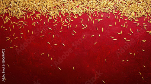 A close-up of rice grains scattered on a red surface, highlighting texture and color contrast. photo