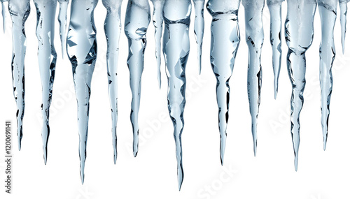 A stunning collection of crystal-clear icicles, showcasing nature’s artistry with exquisite detail and vibrant reflections, isolated on a transparent background for versatile use