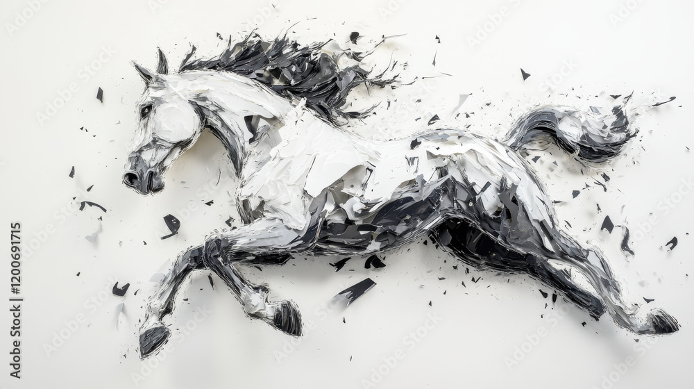 A cut-out style abstract depiction of a galloping horse, its body fragmented into dynamic, angular patterns in shades of black A cut-out style abstract depiction of a galloping horse, its body fragmented into dynamic, angular patterns in shades of black