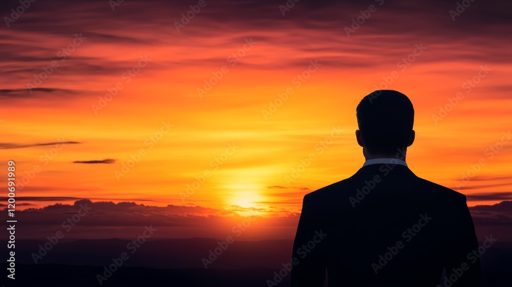 Businessman Silhouette at Sunset, Contemplating Future Businessman Silhouette at Sunset, Contemplating Future