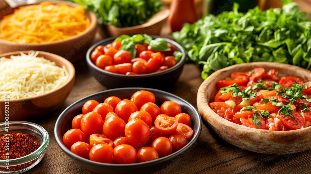 Fresh Vegetables and Ingredients for Cooking Healthy Meal Preparation on Wooden Table Fresh Vegetables and Ingredients for Cooking Healthy Meal Preparation on Wooden Table