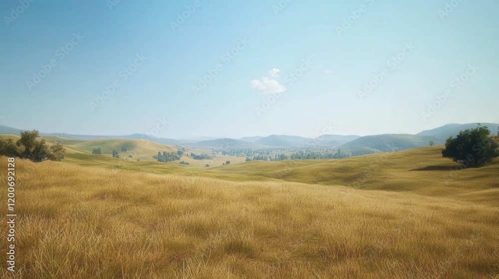 cloudless sky, with undulating hills of grasses and the occasional stand of trees, creating an expansive and tranquil landscape that stretches to the horizon cloudless sky, with undulating hills of grasses and the occasional stand of trees, creating an expansive and tranquil landscape that stretches to the horizon