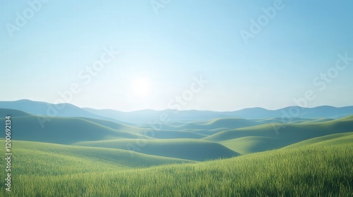 cloudless sky, with undulating hills of grasses and the occasional stand of trees, creating an expansive and tranquil landscape that stretches to the horizon