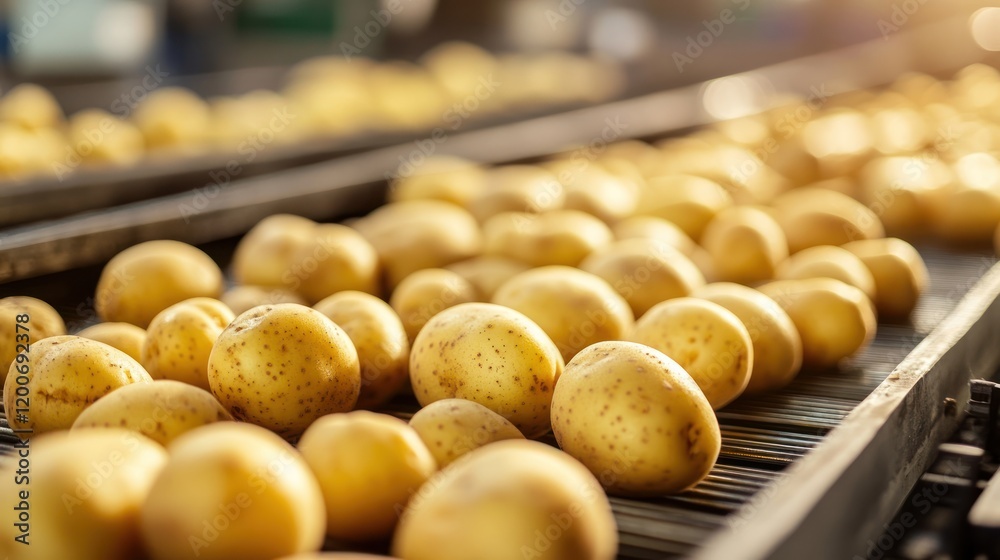 Potato Harvest: A Golden Stream of Tubers on a Conveyor Belt Potato Harvest: A Golden Stream of Tubers on a Conveyor Belt