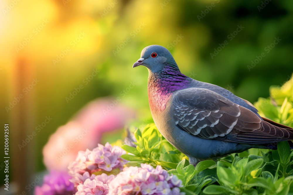 Vibrant Pigeon Perched Among Colorful Flowers in Soft Sunlight Glowing in Nature's Beauty Vibrant Pigeon Perched Among Colorful Flowers in Soft Sunlight Glowing in Nature's Beauty