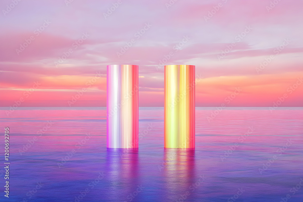 Two Iridescent Cylinders Stand in Calm Water Under a Pink and Purple Sunset Sky Two Iridescent Cylinders Stand in Calm Water Under a Pink and Purple Sunset Sky