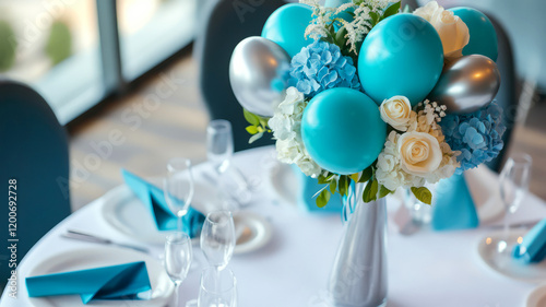 Elegant Table Centerpiece with Blue Balloons and Flowers for Celebrations and Special Events photo