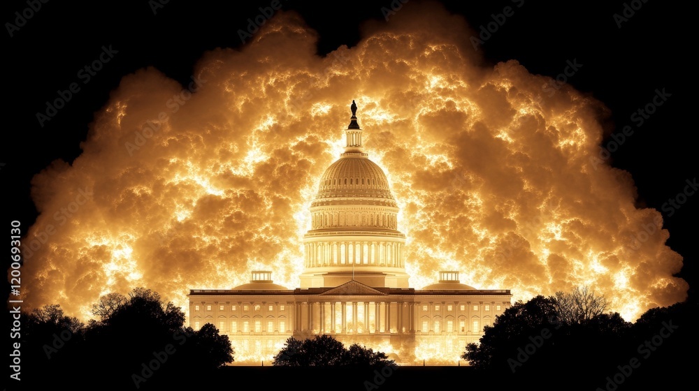 Obraz premium Capitol Building Illuminated Amidst Fiery Cloudscape