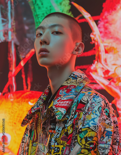 modern fashion portrait with colorful graffiti-style jacket