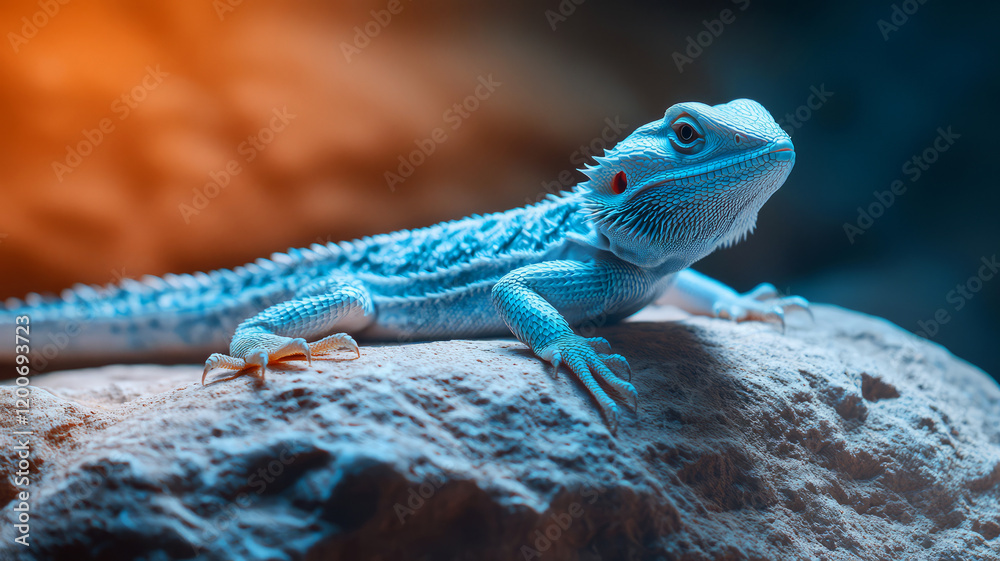 Fototapeta premium Blue Lizard on Rock Under Natural Lighting with Soft Focus and Warm Background