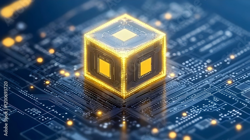 Glowing Cube Processor Sits...