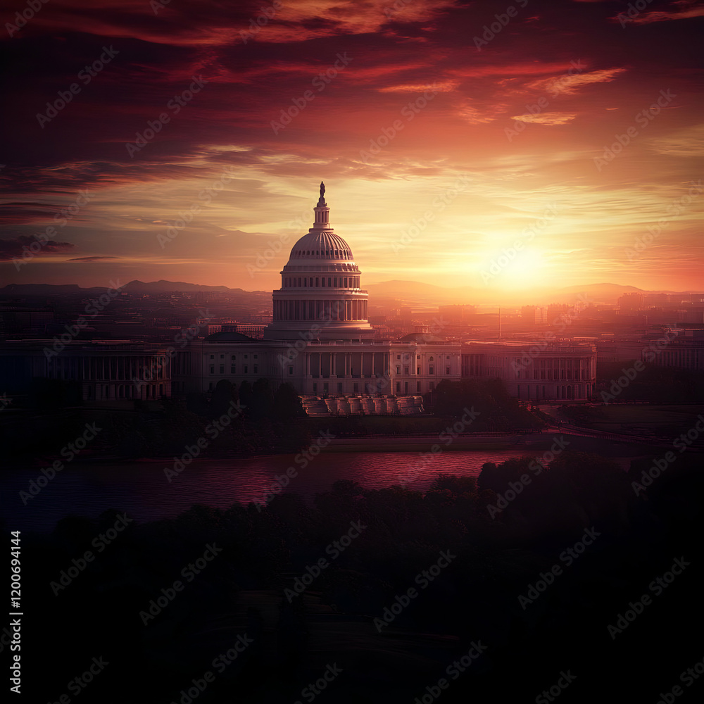 Obraz premium Capitol Building Stands Majestically at Sunset with Dramatic Clouds and Cityscape.