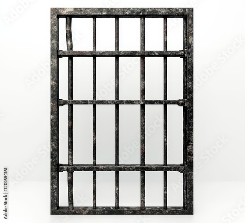 Rusty metal prison window bars isolated on white.