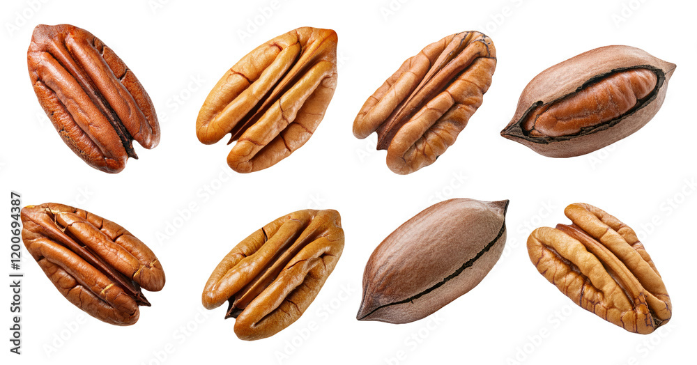 Obraz premium Pecan nuts in different positions isolated on transparent background