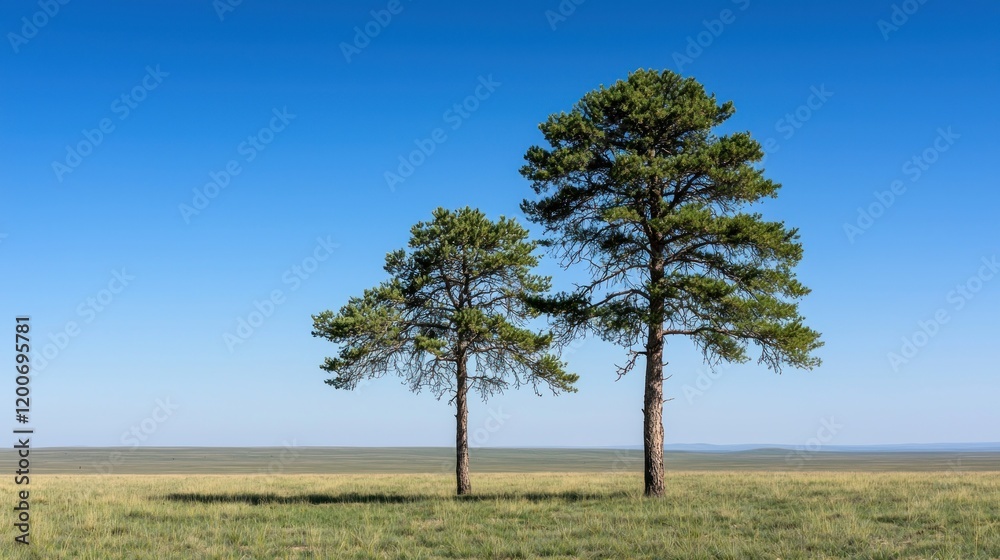 Obraz premium Two Pine Trees on a Grassland