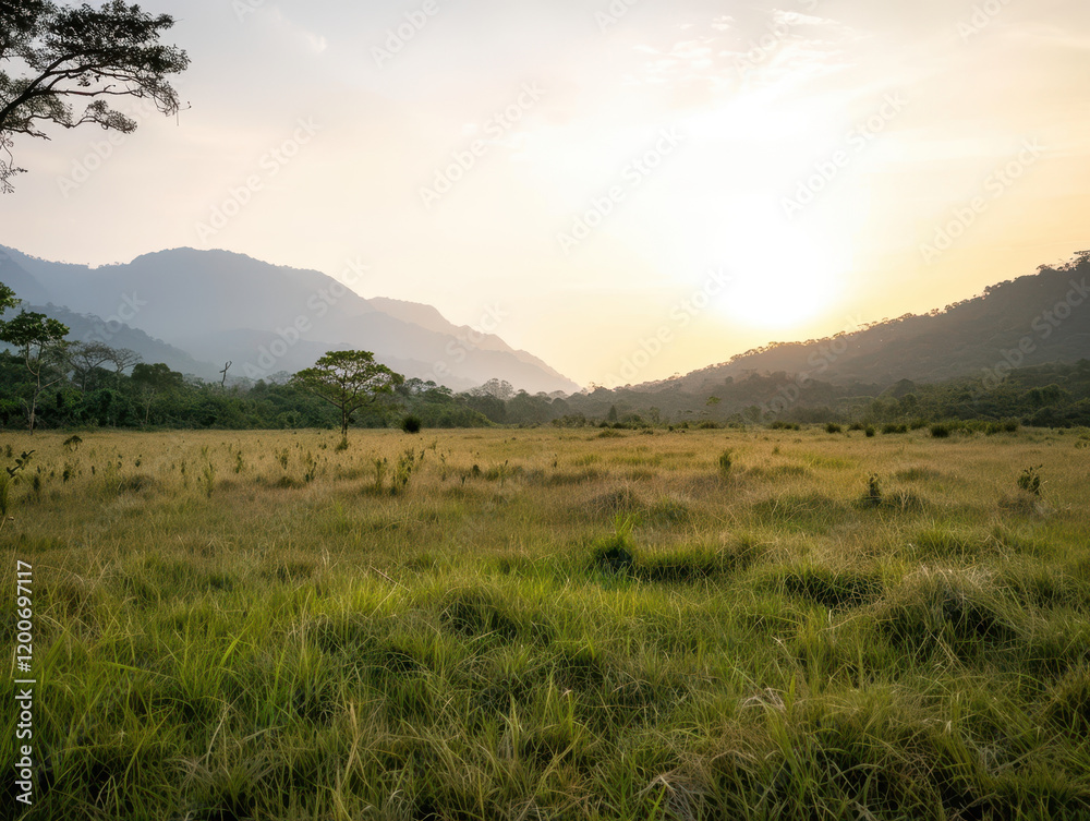 serene landscape featuring vast grassy field at sunset, surrounded by mountains and trees