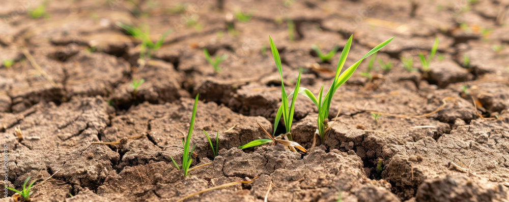Struggling grass grows through cracked dry soil, symbolizing resilience Struggling grass grows through cracked dry soil, symbolizing resilience