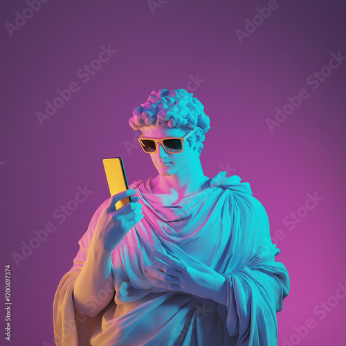A statue of a man wearing sunglasses and holding a cell phone