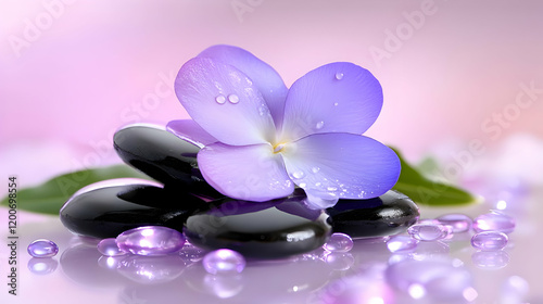 Purple Flower Rests on Smooth Black Stones with Dewdrops on a Reflective Surface.