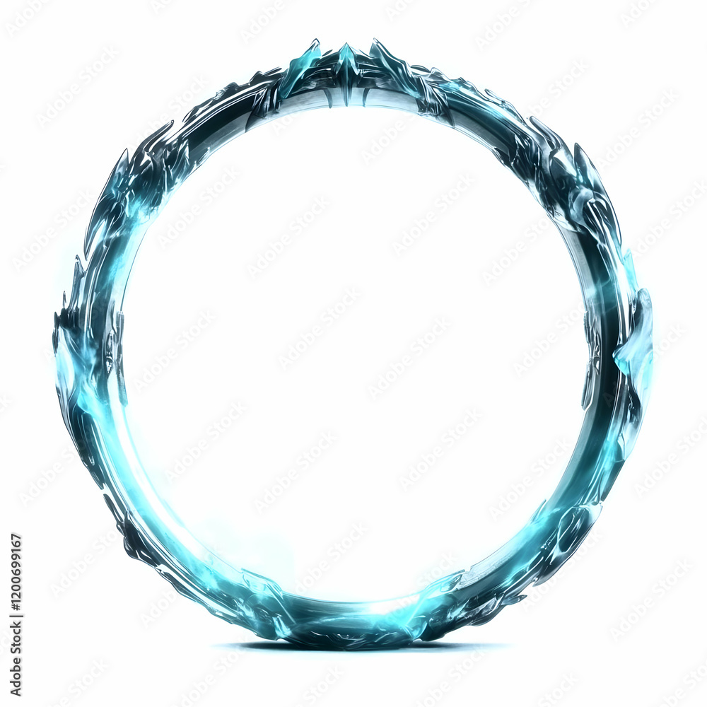 3D Rendered Metallic Ring with Jagged Edges and Glowing Blue Light, Isolated on White Background 3D Rendered Metallic Ring with Jagged Edges and Glowing Blue Light, Isolated on White Background