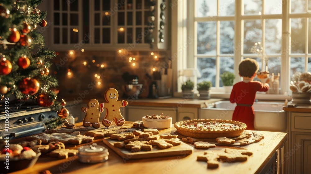 Naklejka premium Child in red dress looking out window at snowy winter scene, surrounded by Christmas cookies and treats in a warm kitchen.