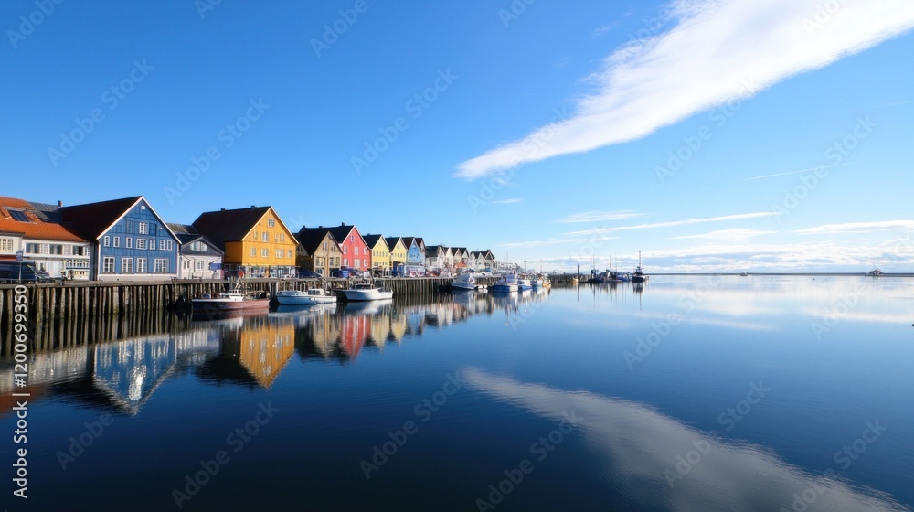 Fototapeta premium Scenic waterfront with colorful houses and calm water reflections.