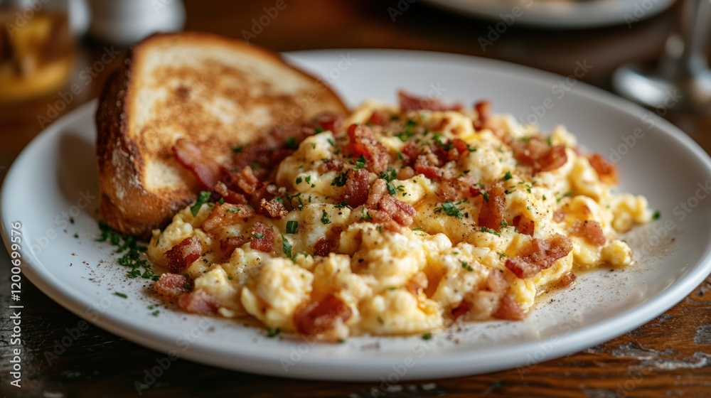 Scrambled eggs with bacon and toast on a plate. Scrambled eggs with bacon and toast on a plate.