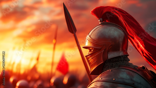 Dramatic Scene of a Warrior in Armor Against a Stunning Sunset Background with Battle Setting photo